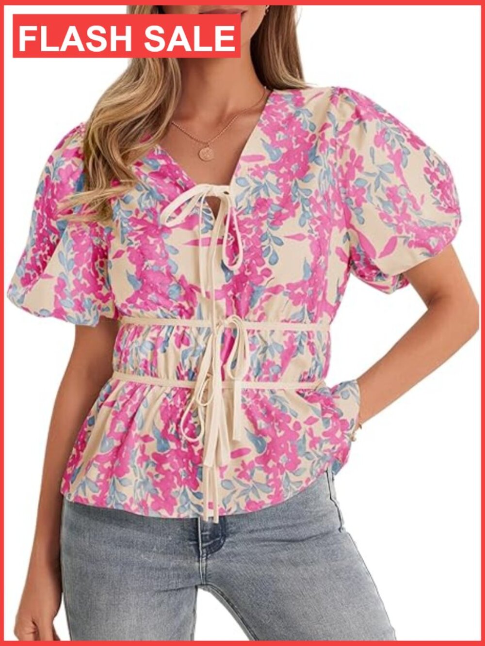 Puff Sleeve Tie Front Peplum Blouse Floral Print V Neck